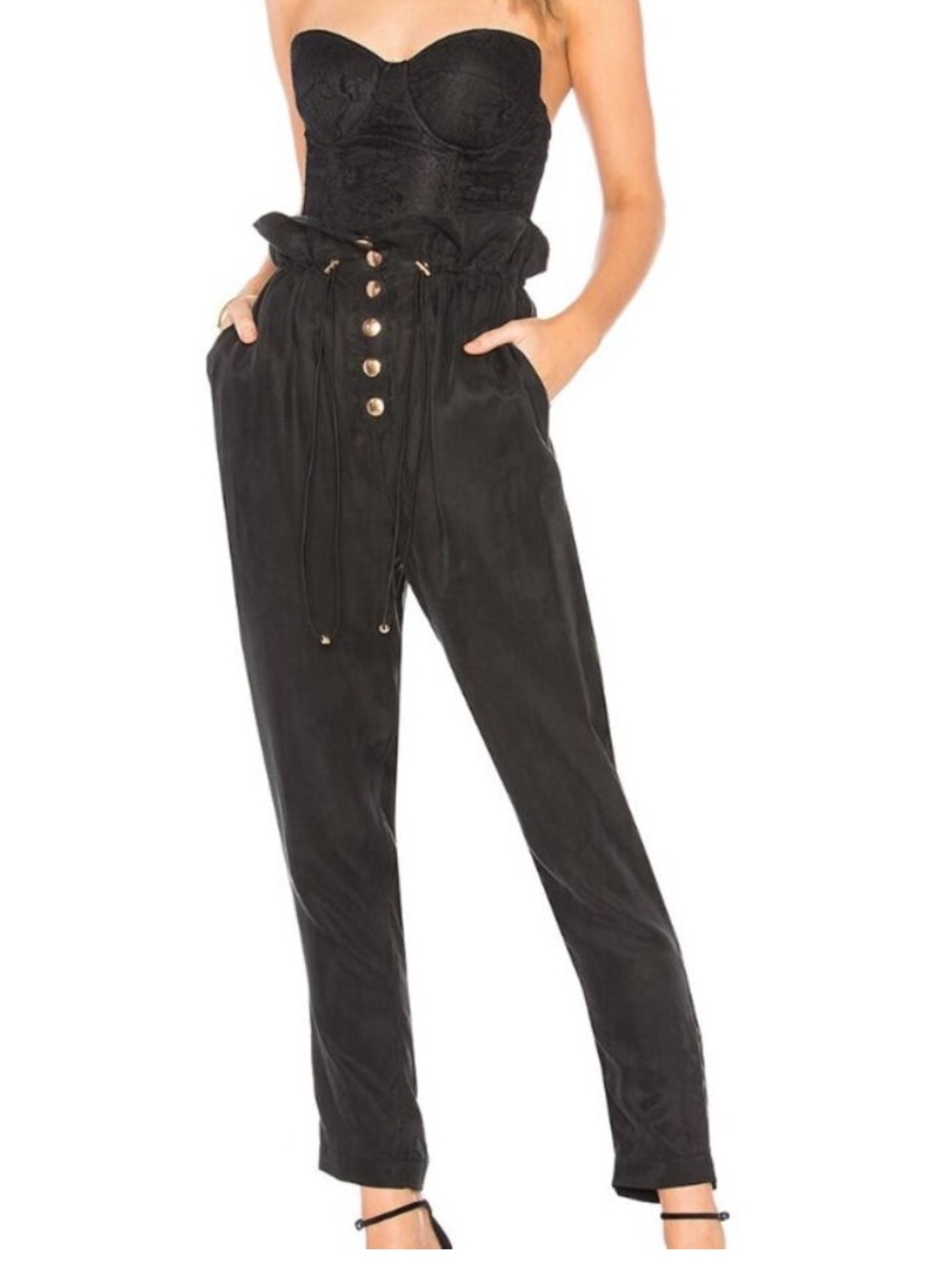 Alice McCall Paper bag Waist Pants Gold Button Cupro Black Size 2
